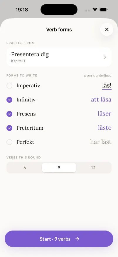 Verb forms setup: choose forms to write
